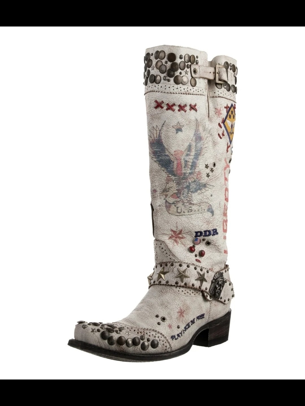 Double D Ranch Studded 'Liberty' White Graphic Western Knee Boot Sz 9 - Picture 4 of 4